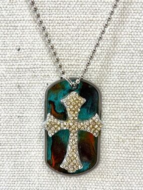 Designer Turquoise Marbled Cross Pendant Statement Necklace Dog‑Tag Chain